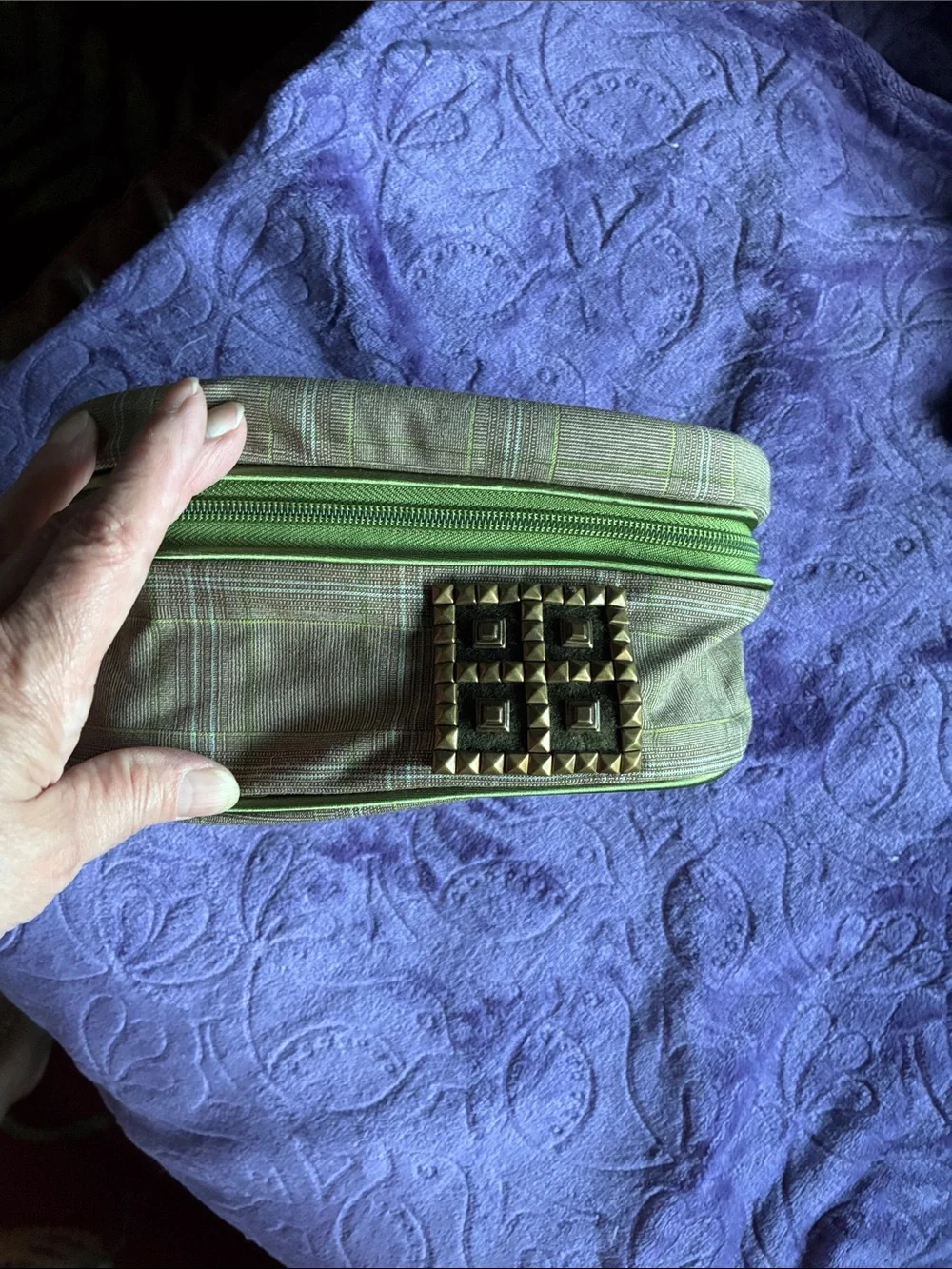 Ina Gray Plaid Cosmetic Case with Green Trim and Bronze Stud Accents